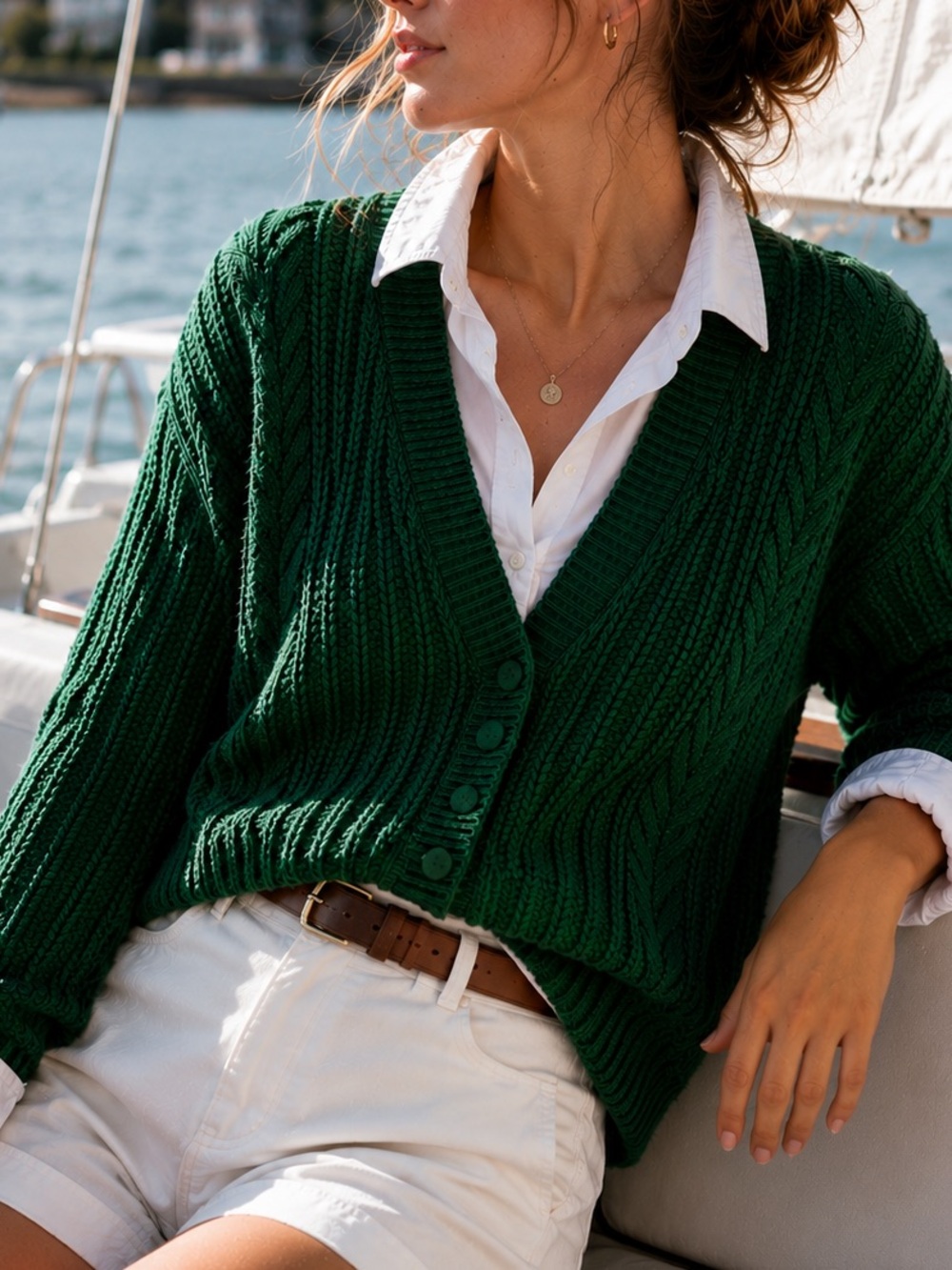 Rafferty Emerald Green Cotton Ramie Cable Knit Cardigan Size M